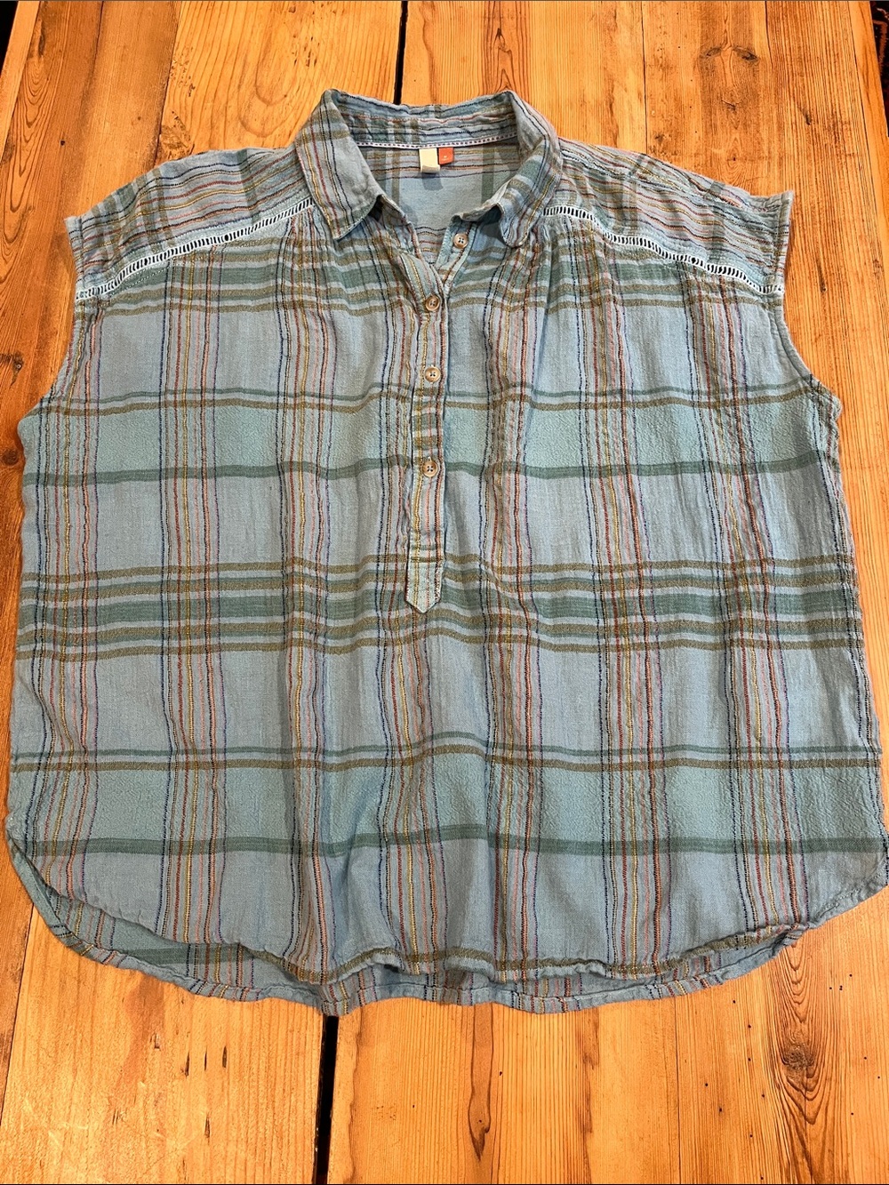 PILCRO M Blue Plaid Henley Blouse Slub Fit
